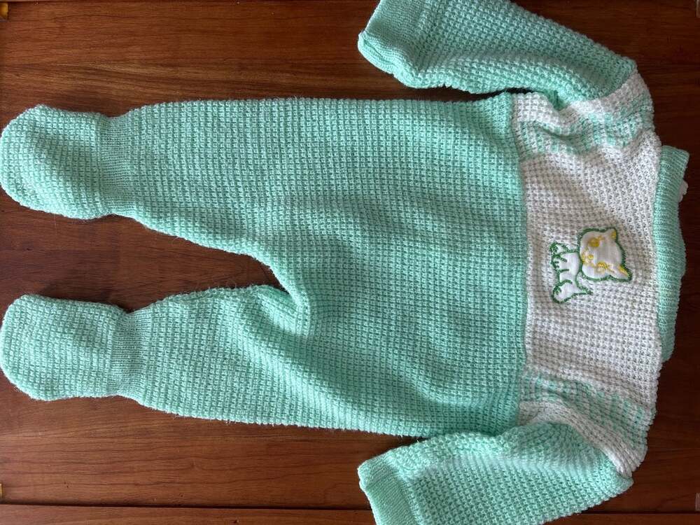 Vintage Mint Green And White Waffle Knit Footed Jumpsuit With Embroidered Cat
